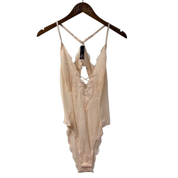 Victoria’s Secret Tops - Victorias Secret Lace Nude Medium Bodysuit Semi Sheer Lingerie Style